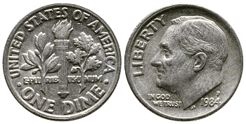 США 10 ЦЕНТОВ = 1 ДАЙМ 1984 P, РУЗВЕЛЬТ KM 195а медь плакированная медно-никелем 57-1224