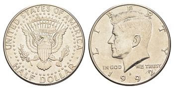 США 1/2 доллара (50 центов) 1992 D, Джон Кеннеди KM A202b медь плакированная медно-никелем aUNC 4382-123