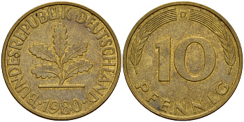ФРГ 10 пфеннигов 1980 D J. 383, KM 108 сталь плакированная латунью    4603-452