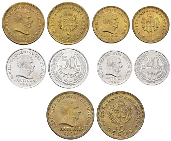 Уругвай годовой набор из 5 монет (2, 5, 10 25 и 50 сентимо; 1 песо) 1965 год-тип KM 44, 45, 46, 47 и 48 aUNC 4666-1121-1125