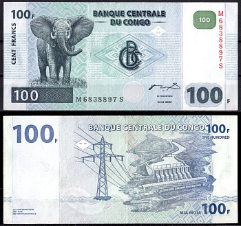 Конго 100 франков 2000 Pick 92 a (2) бумага 7214-14-2-1