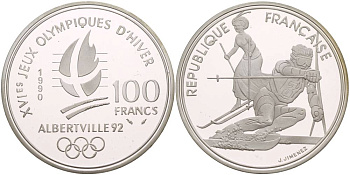 Франция 100 франков 1990 XVI Зимние Олимпийские игры 1992 в Альбервиле, слалом KM 984 серебро PROOF 1081-8-44