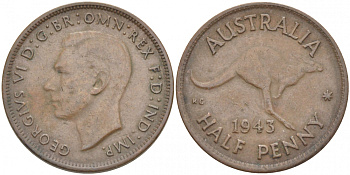 АВСТРАЛИЯ 1/2 ПЕННИ 1943 m, ГЕОРГ VI (1936-1952), КЕНГУРУ KM 41 бронза 3851-934