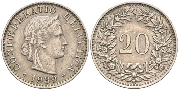 ШВЕЙЦАРИЯ 20 РАППЕНОВ 1939 В KM 29a медно-никель 55-652