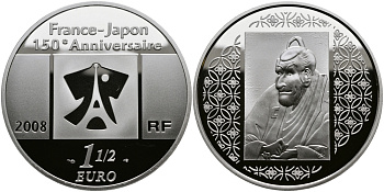 Франция 1 1/2 евро 2008 150 лет торговым отношениям Франция-Япония, японская картина KM 1549 серебро PROOF 1068-10-33
