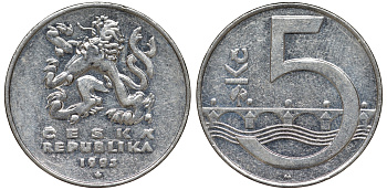 Чехия 5 крон 1993 чешский лев, Карлов мост KM 8 сталь плакированная никелем 51-1127
