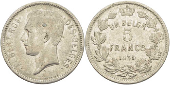 БЕЛЬГИЯ 5 ФРАНКОВ 1931 АЛЬБЕРТ I, DES BELGES KM 97.1 никель 3851-136