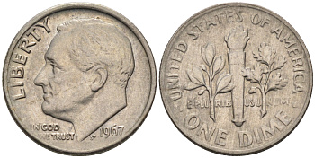 США 10 центов (дайм) 1967 Рузвельт KM 195а медь плакированная медно-никелем 4588-363