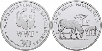 ЕВРОПА МЕДАЛЬ 1986 30 ЛЕТ WWF, ЗЕБРА, EQUUS ZEBRA HARTMANNAE серебро PROOF 00-00