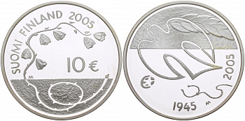 Финляндия 10 евро 2005 60 лет мира в Европе, голубь мира KM 120 серебро PROOF 11-161-35