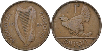 Ирландия 1 пенни 1937 курица с цыплятами KM 3 бронза 4137-711