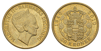 Дания 20 крон 2010 70 лет со дня рождения королевы Маргрете II KM 937 алюминиевая бронза UNC 4650-417