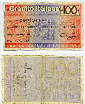 Италия чек на 100 лир 1976 Болонья, 30 сентября 1976, Credito Italiano, Ассоциация торговцев Bologna   бумага   6301-32-1-2