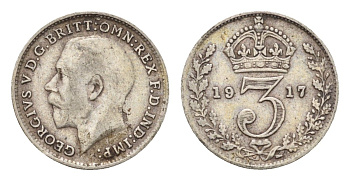 Великобритания 3 пенса 1917 Георг V (1910-1936) KM 813, Spink 4015 серебро 4643-1166