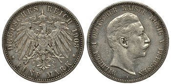 Пруссия 5 марок 1903 Вильгельм II (1888-1918) KM 523, J.104 серебро    413-6715