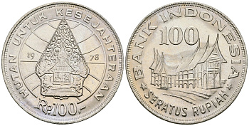 Индонезия 100 рупий 1978 хижина Минангкабау, легендарное дерево жизни KM 42 медно-никель UNC M17-05