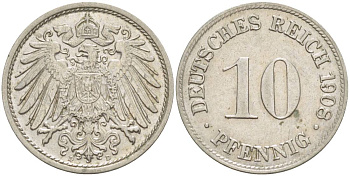 Германия 10 пфеннигов 1908 D KM 12, Jager 13, Weege 8 медно-никель 219-141