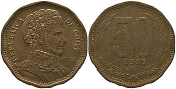 Чили 50 песо 2010 So KM 219.2, Schon 70 алюминиевая бронза 4544-427
