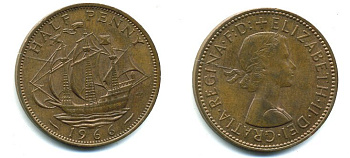 Великобритания 1/2 пенни 1966 Елизавета II (1952-2022) KM 896, Spink 4158 бронза 41-617