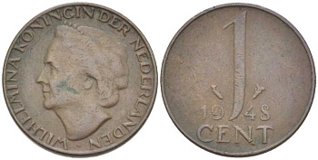 НИДЕРЛАНДЫ 1 ЦЕНТ 1948 ВИЛЬГЕЛЬМИНА (1890-1948) KM 107 бронза 214-1014