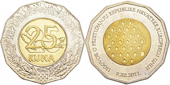 Хорватия 25 кун 2011 подписание договора о вступлении Хорватии в Евросоюз KM 98 биметалл UNC M36-12