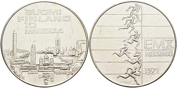 Финляндия 10 марок 1971 S-H, X Чемпионат Европы по легкой атлетике KM 52 серебро 1525-1342