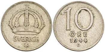 Швеция 10 эре 1944 Густав V (1907-1950) KM 813 серебро 4585-345