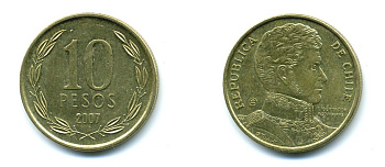 ЧИЛИ 10 ПЕСО 2007 ГЕНЕРАЛ БЕРНАРДО О ХИГГИНС KM 228.2 никель-бронза 37-266