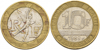 Франция 10 франков 1989 тип гений Бастилии KM 964.1, Le Franc 375.3 биметалл 4402-1146