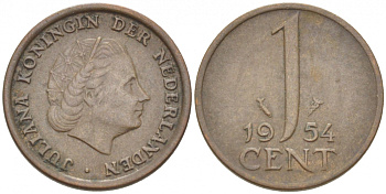 Нидерланды 1 цент 1954 Юлиана (1949-1980) KM 180 бронза 3457-1145
