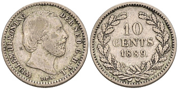 Нидерланды 10 центов 1889 Виллем III (1849-1890) KM 80 серебро 1528-422