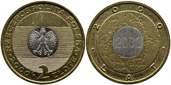 Польша 2 злотых 2000 MW, миллениум KM 374 биметалл UNC 4521-816