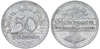 Германия 50 пфеннигов 1920 A KM 27, J. 301 алюминий 4163-254