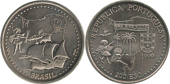 Португалия 200 эскудо 1999 500 лет с момента открытия Бразилии KM 718 медно-никель UNC 4677-533