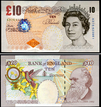 Великобритания 10 фунтов 2000 Елизавета II (1952-2022), Чарлз Дарвин, подпись C. Salmon Pick 389 d  бумага  UNC (пресс) 7217-73-3-2