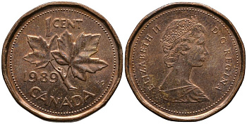 Канада 1 цент 1989 Елизавета II (1952-2022), кленовый лист KM 132 бронза 4549-368
