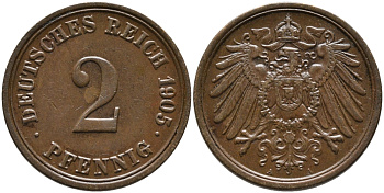 ГЕРМАНИЯ 2 ПФЕННИГА 1905 А KM 16, J. 11 медь 4110-1749