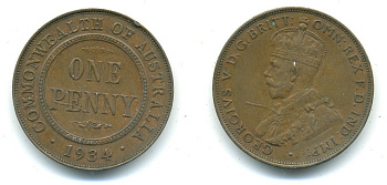 АВСТРАЛИЯ 1 ПЕННИ 1934 ГЕОРГ V KM 23 бронза 7-5-25-21