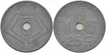 БЕЛЬГИЯ 25 САНТИМОВ 1942 BELGIQUE-BELGIE, ГЕРМАНСКАЯ ОККУПАЦИЯ, ВТОРАЯ МИРОВАЯ ВОЙНА KM 131 цинк 4529-1115