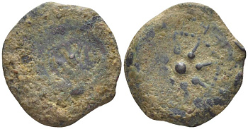 Иудея, династия Хасмонеев прута (известна как 'лепта вдовы') 104 - 76 гг. до н.э. Александр Яннай, греческая легенда 'Царя Александра', якорь / 8-ми лучевая звезда, между лучей та же легенда на иврите, Иерусалим Hendin 1150 медь 1073-21-91