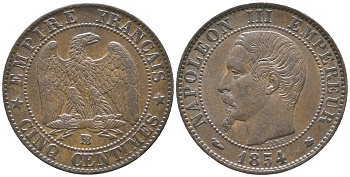 Франция 5 сантимов 1854 BB, Наполеон III (1852-1870) KM 777.3, Le Franc 116.10 бронза 34-426