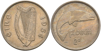 Ирландия 1 флорин 1954 лосось KM 15а медно-никель 88-712