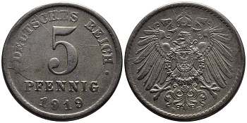 ГЕРМАНИЯ 5 ПФЕННИГОВ 1919 D, РАСКОЛ ШТЕМПЕЛЯ KM 19, Jager 297, Weege 5 железо 4547-615