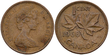 Канада 1 цент 1968 Елизавета II (1952-2022), кленовый лист KM 59.1 бронза 4189-868