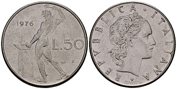 Италия 50 лир 1976 R, бог Вулкан у наковальни KM 95.1 нержавеющая сталь 4176-241