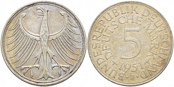 ФРГ 5 марок 1951 J (Гамбург), J. 387, KM 112.1 серебро 3996-243