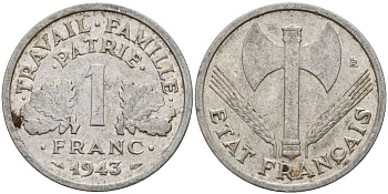 Франция 1 франк 1943 Правительство Виши KM 902.1, LE FRANC 223.3 алюминий 4150-835