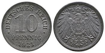 ГЕРМАНИЯ 10 ПФЕННИГОВ 1921 KM 26, J. 299 цинк 4380-235