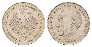 ФРГ 2 марки 1987 F, Конрад Аденауэр, 20 лет Федеративной Республике (1949-1969) KM 124, J. 406 медно-никель плакированный никелем 186-1246