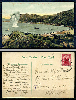 Новая Зеландия post card - открытка 1907 Веллингтон, пляж Worser Bay, взрыв подлодки, с маркой в 1 пенни 2193-50